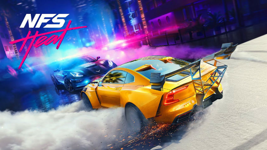 صحنهای از بازی Need for Speed Heat با تعقیب و گریز یک خودروی اسپرت نارنجی توسط ماشین پلیس در خیابانهای مرطوب شهر هنگام غروب آفتاب