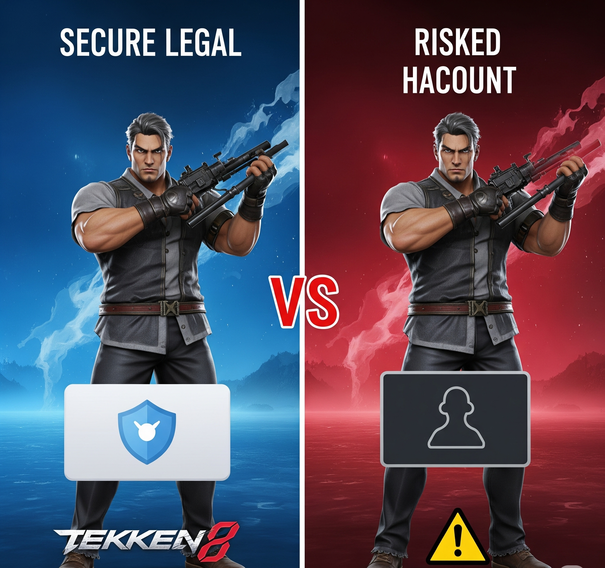 مقایسه تصویری اکانت قانونی و امن TEKKEN 8 با اکانت هکی و پرخطر، نمایشگر مزایای خرید قانونی.
