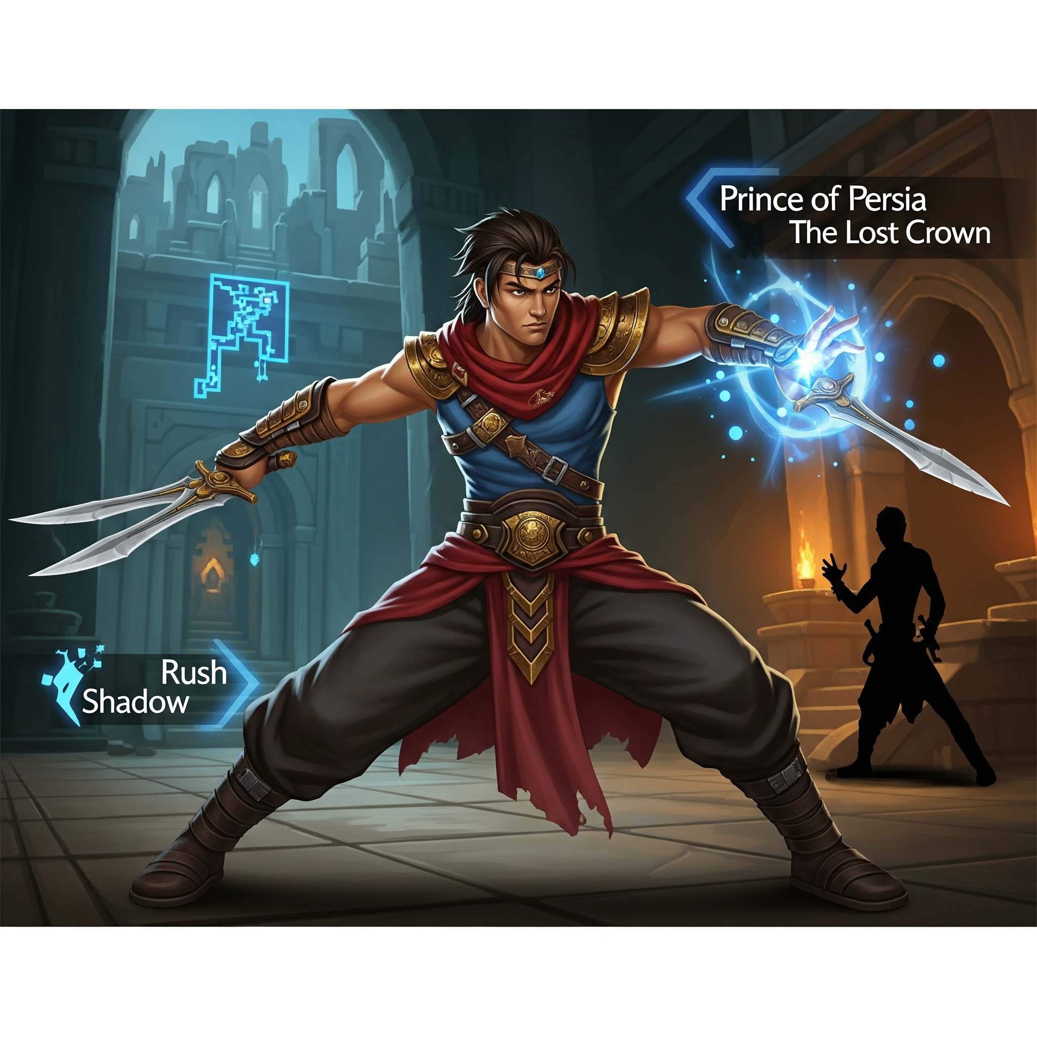 تصویری از سارگون، قهرمان بازی Prince of Persia: The Lost Crown، در حال مبارزه با شمشیرهای دوقلو و نمایش قدرت‌های مبتنی بر زمان در محیطی شبیه به کوه قاف.