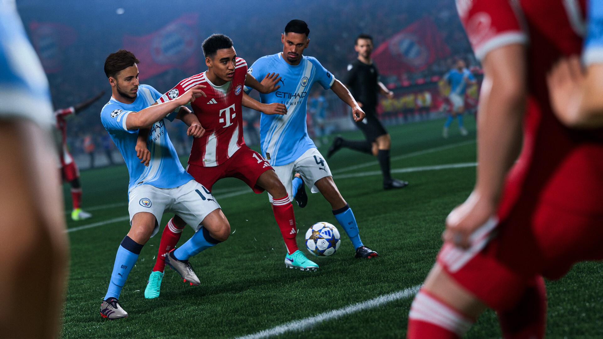 نمایی از تصویر پس‌زمینه نسخه Ultimate بازی EA Sports FC 26 با لوگوی رسمی و بازیکنان فوتبال در پس‌زمینه تاریک