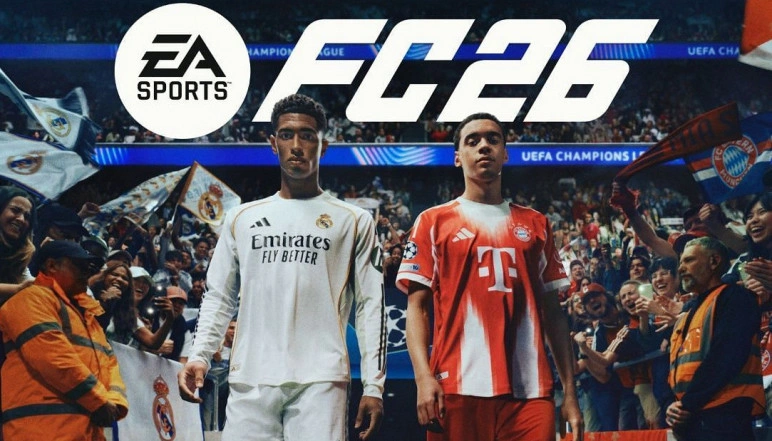 پوستر رسمی بازی EA Sports FC 26 با حضور دو بازیکن برجسته در لباس‌های رئال مادرید و بایرن مونیخ در ورزشگاه پر از تماشاگر